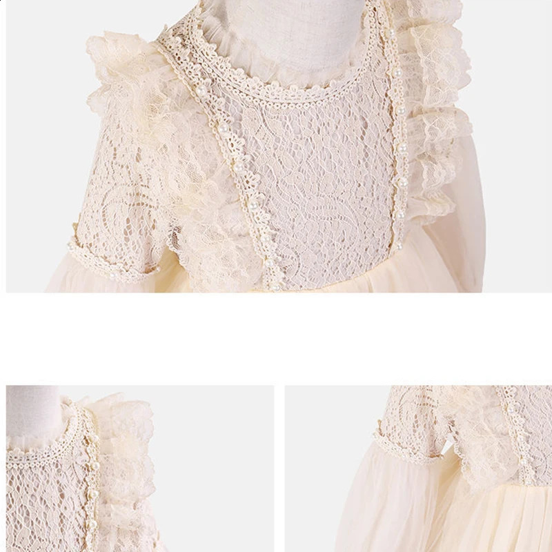 Spring Autumn Kids Girls Dresses Lantern Sleeve Lace Princess Dress Pearl Sweet Oneck Mesh Party Childrens Clothing Vestidos 250117