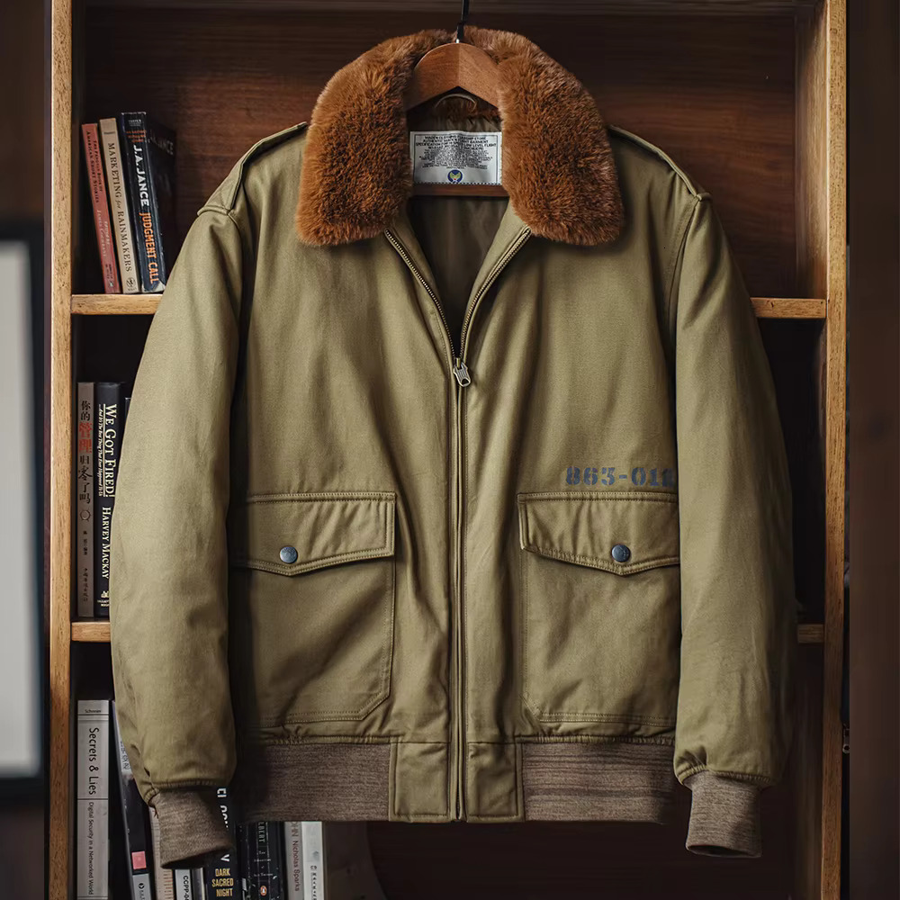 Maden Vintage B10 Bomber Zippered Flight Coat With Fur Collar Lapel Pockets Green Cotton Jacket For Men's Winter