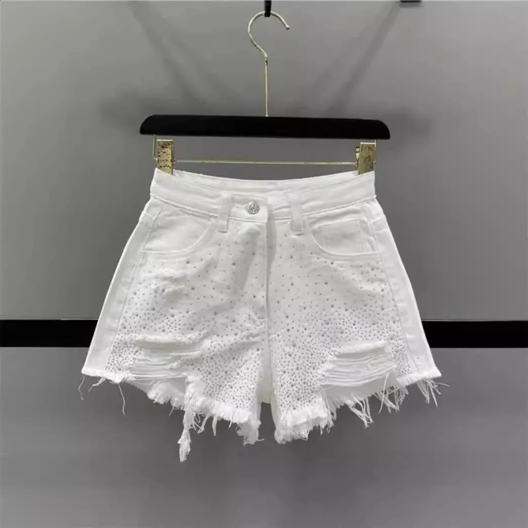 Womens 2025 Summer High Waist Diamond Denim Shorts with Broken Holes and Wide Legs Pants Jean Shorts 250118