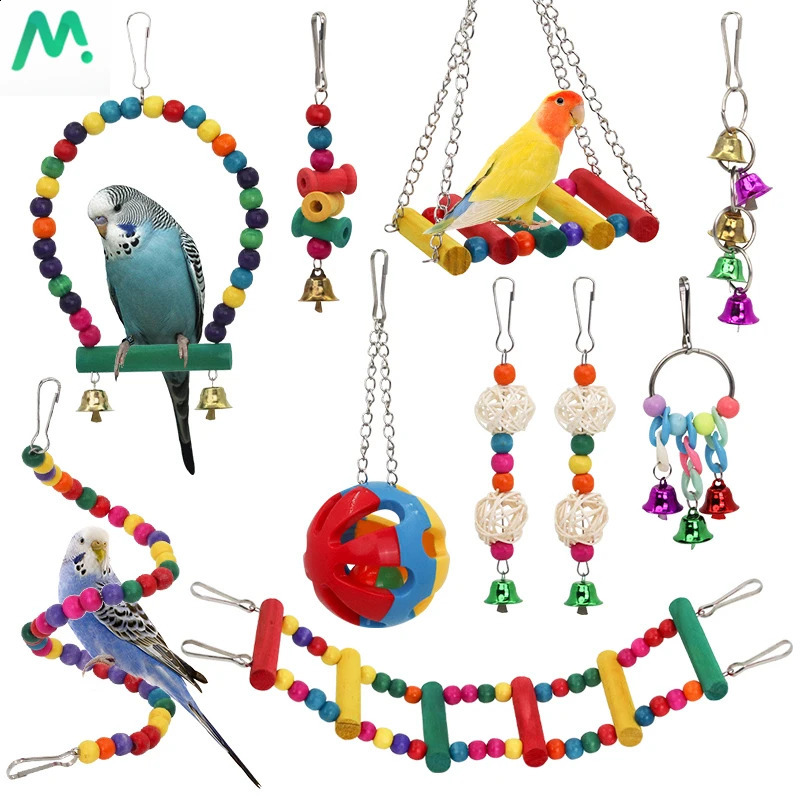 Parrot Bird Toys Bird Cage Swing Stand Small Parrot Hanging Hammock Parrot Bite Toy Set Bird Supplies Parrot Cage Bell Perch Toy 250121