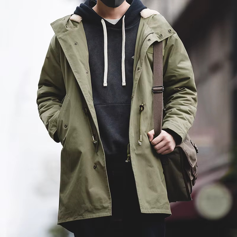 Maden Men's Thick Hooded M-51 Fishtail Cotton Plus Veet Parka Jacket Green Windbreaker Winter Autumn Men Trench Coat