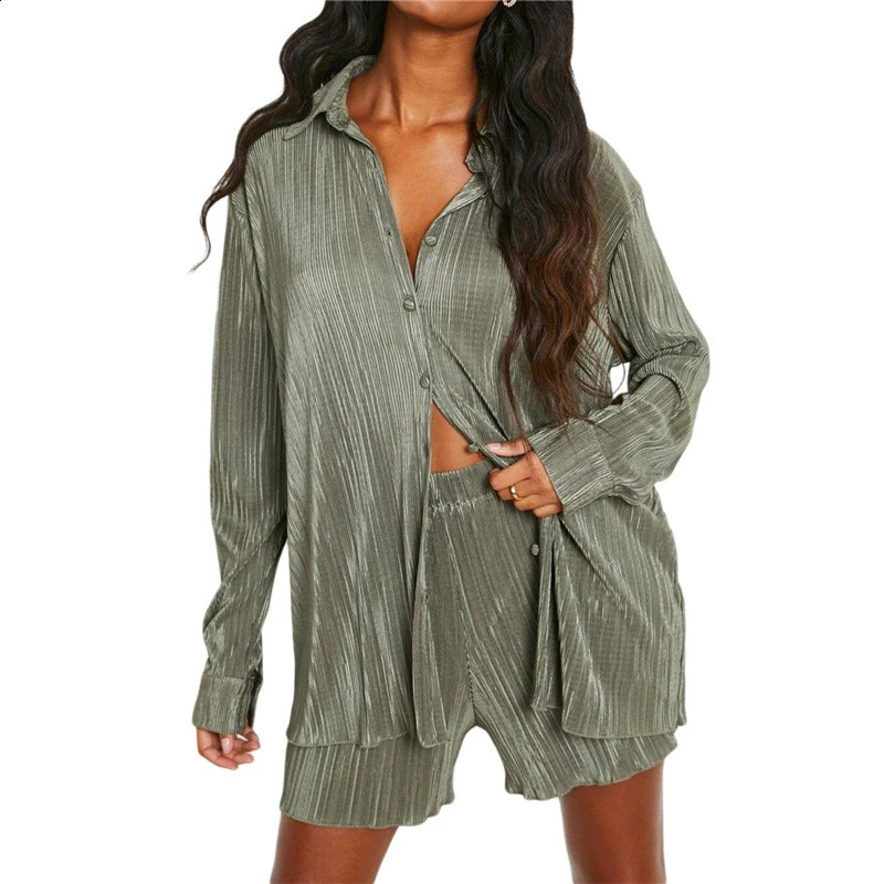 Pleated Shorts Set 2 Piece Outfits for Women 2000s Aesthetic Ruched Long Sleeve Button Down Shirt Tops and Shorts y2k Clothing 250113