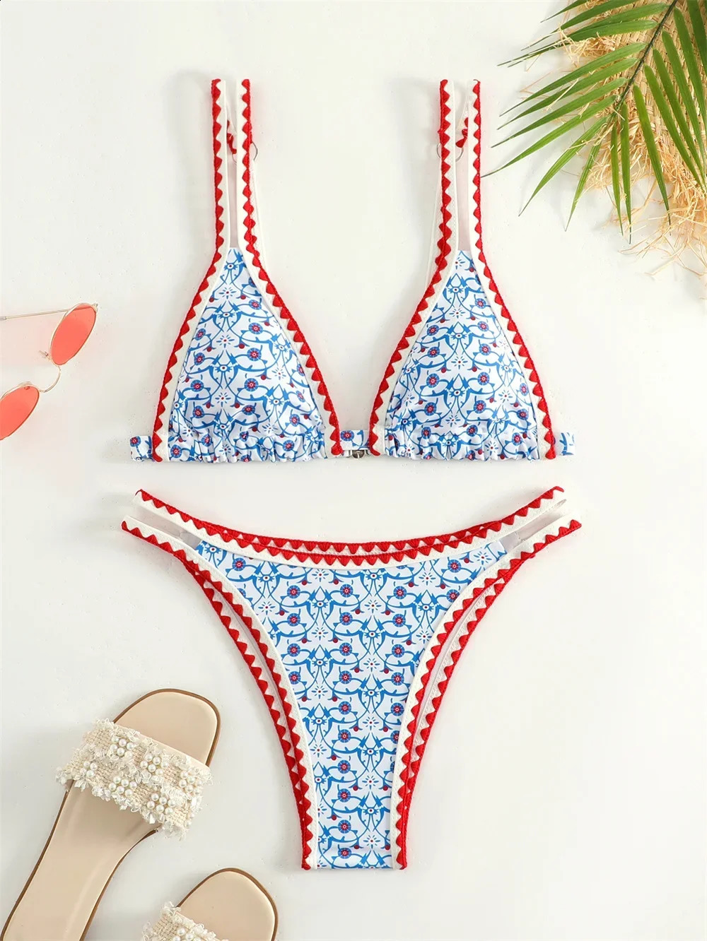 Trend Print Bikini Bordered Straps Swimsuit Thong Push Up Y2K Boho Swimwear Kawaii Women Two Piece Brazil BeachWear Bathing Suit 250118