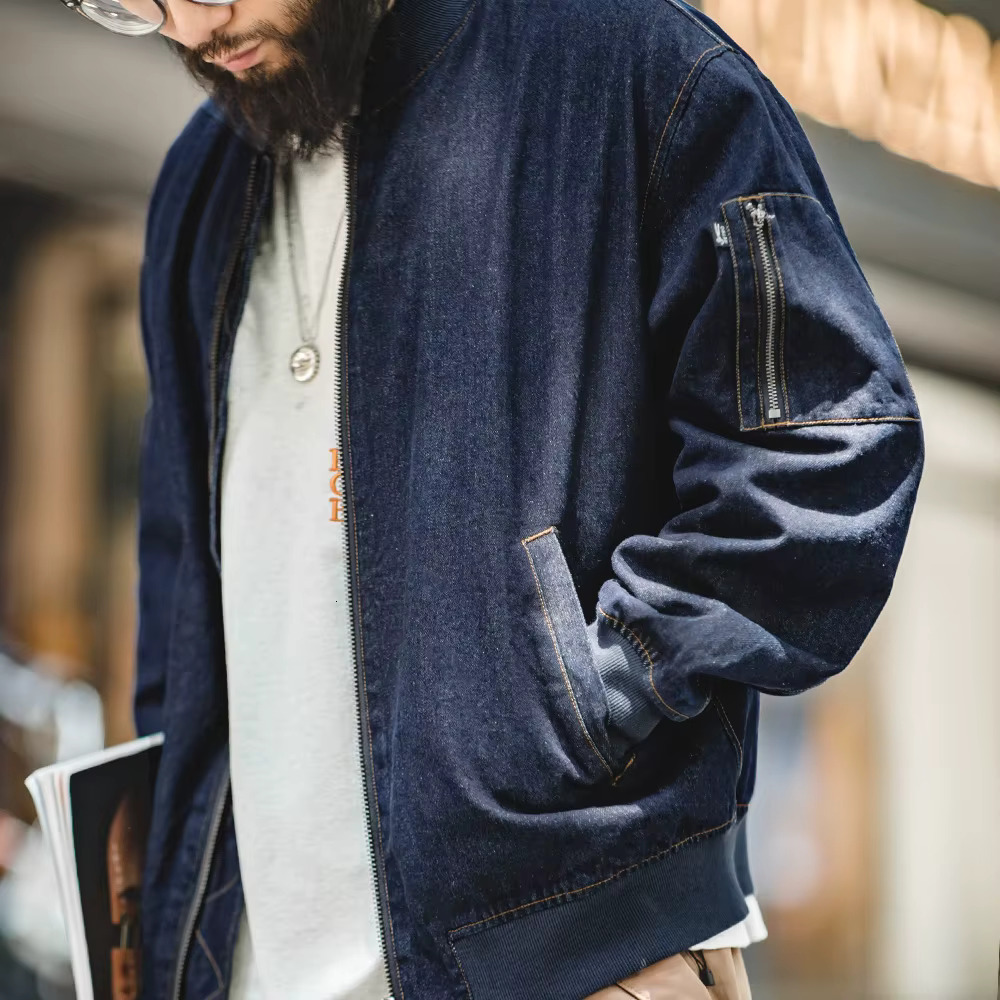 Maden Retro Ma-1 Flight 8.9Oz Jacket Baseball Collar Bomber Jackets Casual Denim Coats For Men's Versatile Autumn Clothing