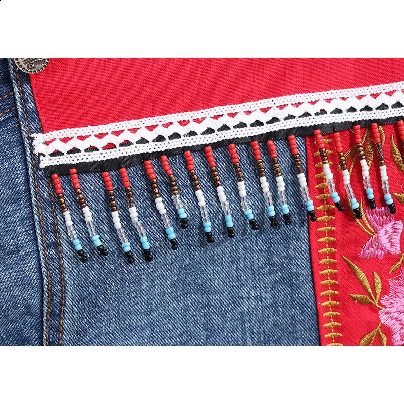 Boho Ethnic Style Sequins Beaded Tassel Vintage Flower Embroidery Women Jean Jacket Autumn Casual Loose Denim Coat Streetwear 250116