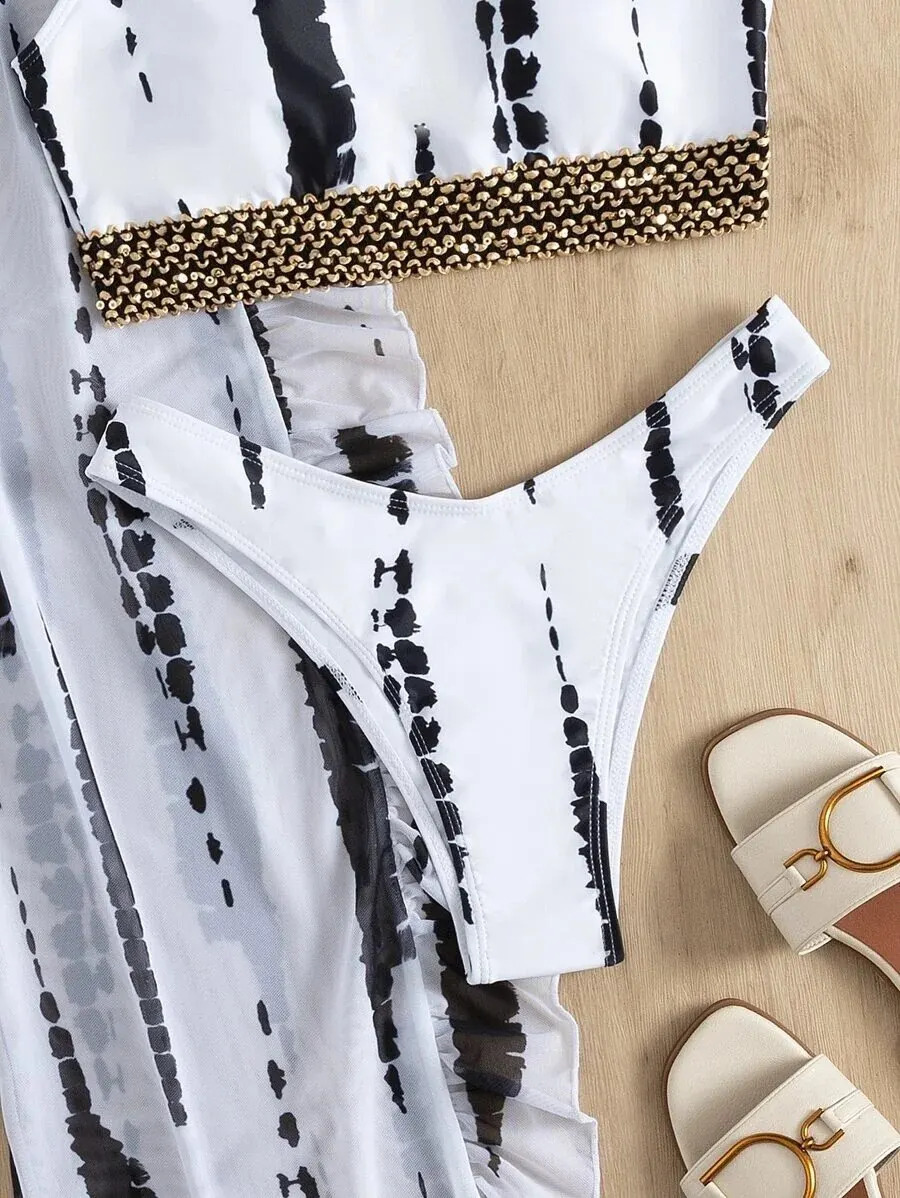 Allover Print One Shoulder Bikini Swimsuit Cover Up Pants Swimwear Female Bathers Bathing Swimming Suit Summer Beachwear 250122