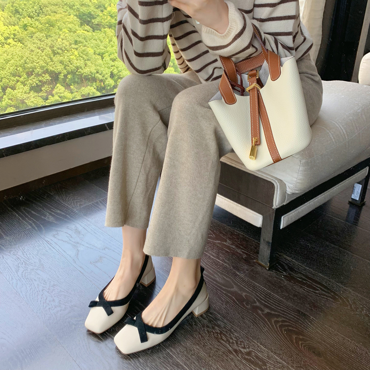 Ck & Leather Patchwork Pumps Women Elegant Work Shoes Bowtie Thick Heel Atos De Tacon Mujer 34-43 Plus Size Mules 2023