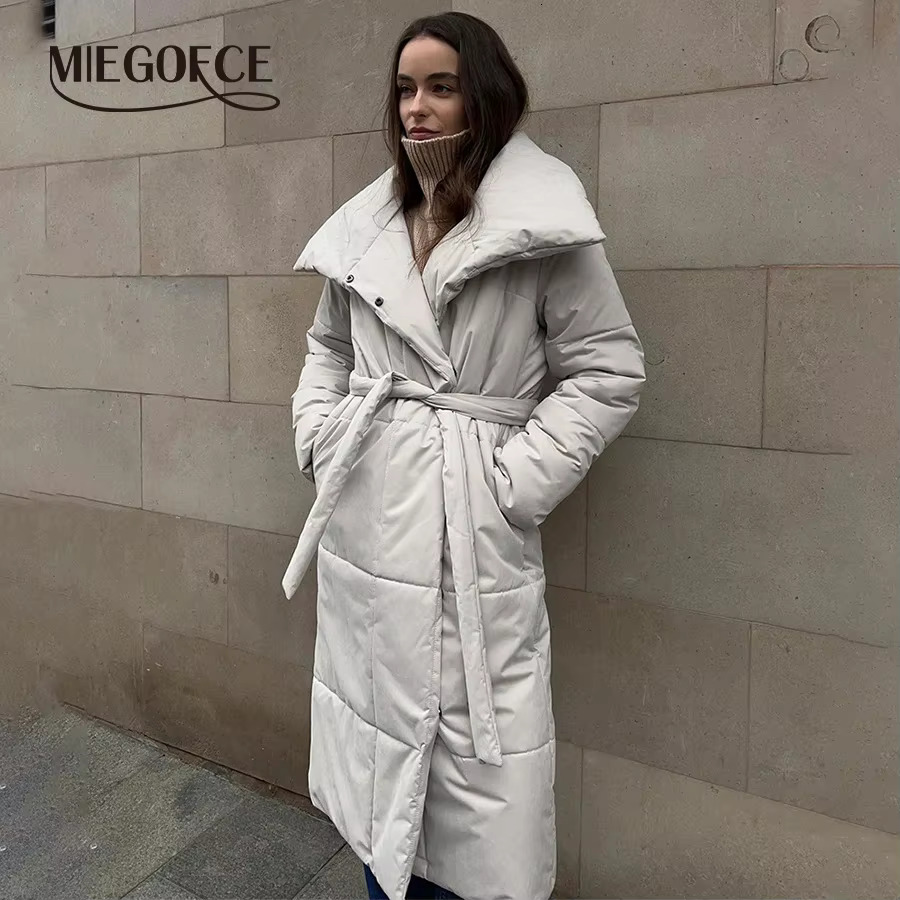 MIEGOFCE 2024 Autumn Winter New Long Coat European And American Loose Casual Warm Stand-Up Collar Parka With Belt Jacket Wt0041