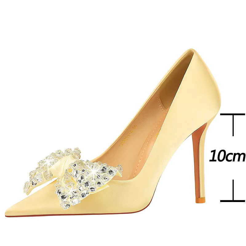 2025 Bow Knot Rhie Women Pumps Large Size 43 High Banquet Stilettos Sexy Party Shoes Design Lady Heels