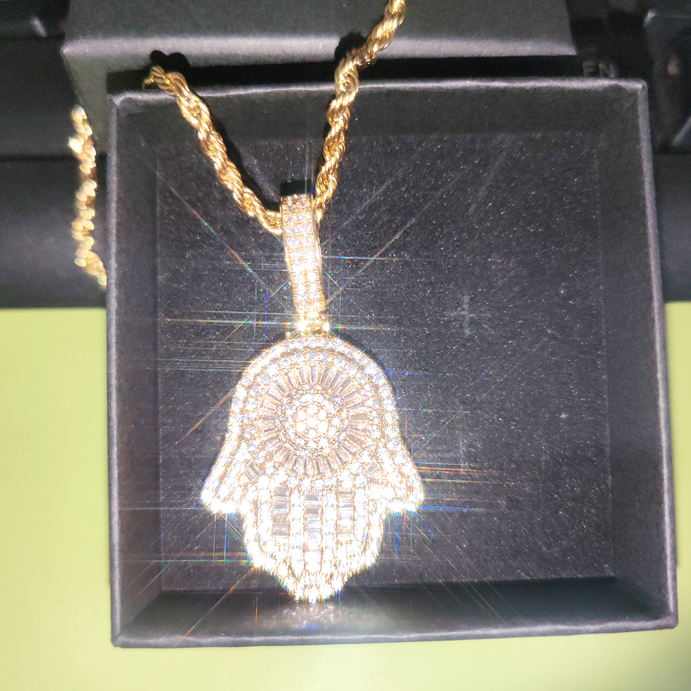 Hip Hop Vintage Hand Pendant Necklace Full 5A Zircon Gold Plated Women Men Jewelry Gift