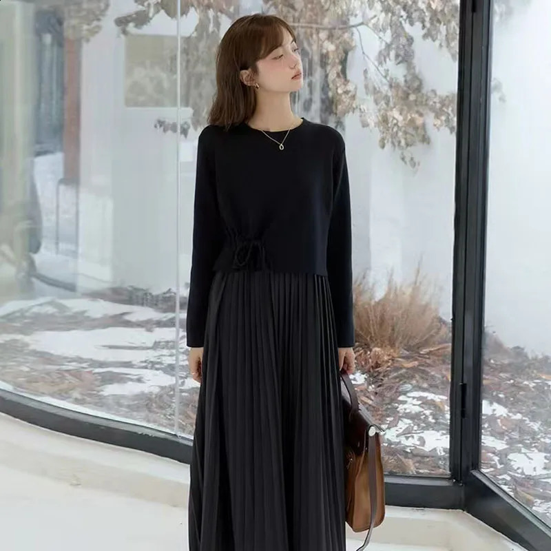 Z70430 Pregnant Dress Pleated n Layer Look Loose Women Korean Style Patchwork Pregnancy Clothes Knitted 250114