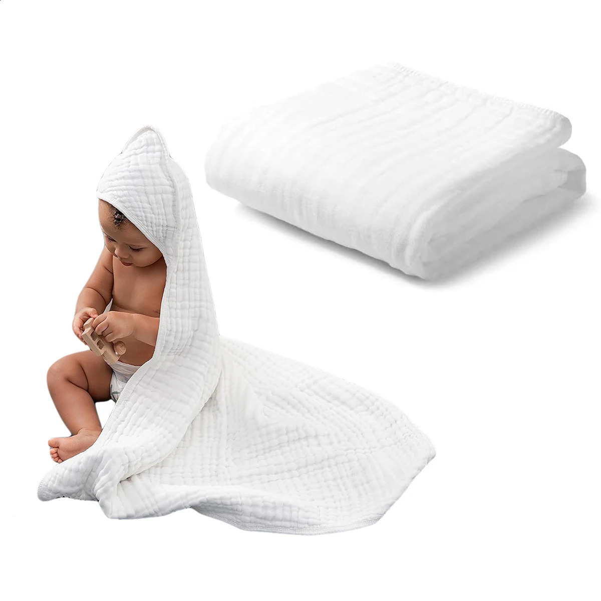 1 Pack Pure White Baby Hooded Towels for Babies and Toddlers Muslin Baby Bath Towel Soft and Absorbency for Boys and Girls 250114