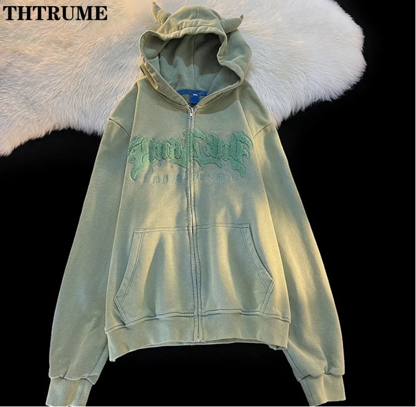 Harajuku Vintage Zipper Hoodies For Women Fashion Autumn Long Sleeve Letter Embroidery Hooded Coats Casual Y2K Retro Sweatshirts 250117
