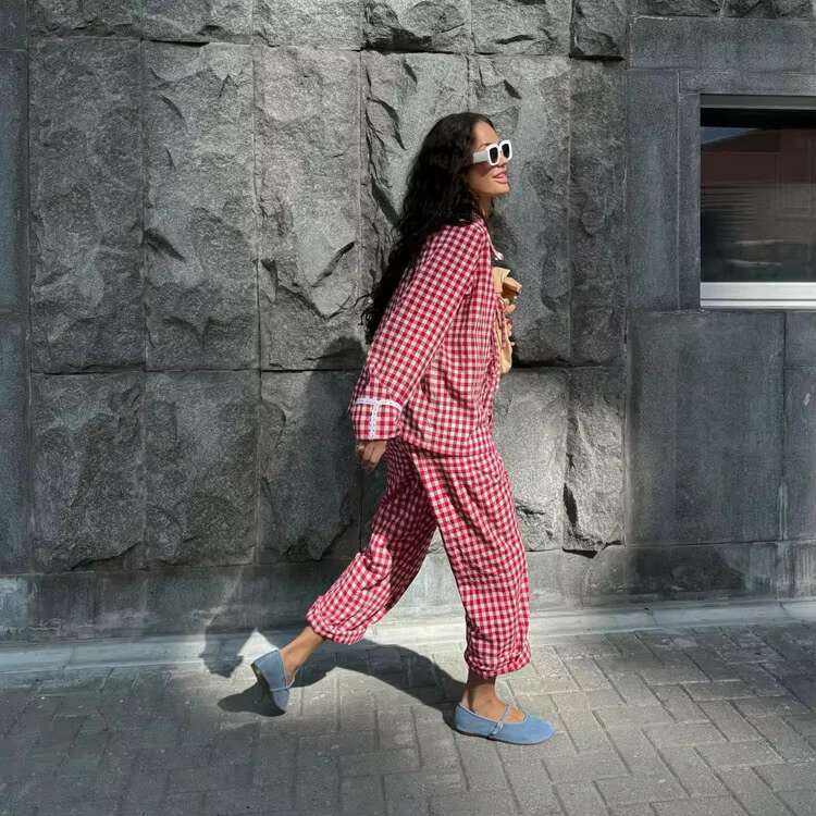 Red Plaid Wide Leg Pants Sets Women Long Sleeve Lace-Up Blouse+Elastic Waist Trouser Chic Casual Lace Trim 2 Piece Set 2025 New