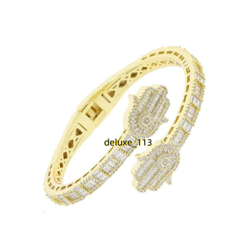 Iced Out Bg CZ Custom Opened Square Cubic Moissanite Paved Hamsa Hand Charm Bracelet Bangle Hip Hop Sparking Jewelry