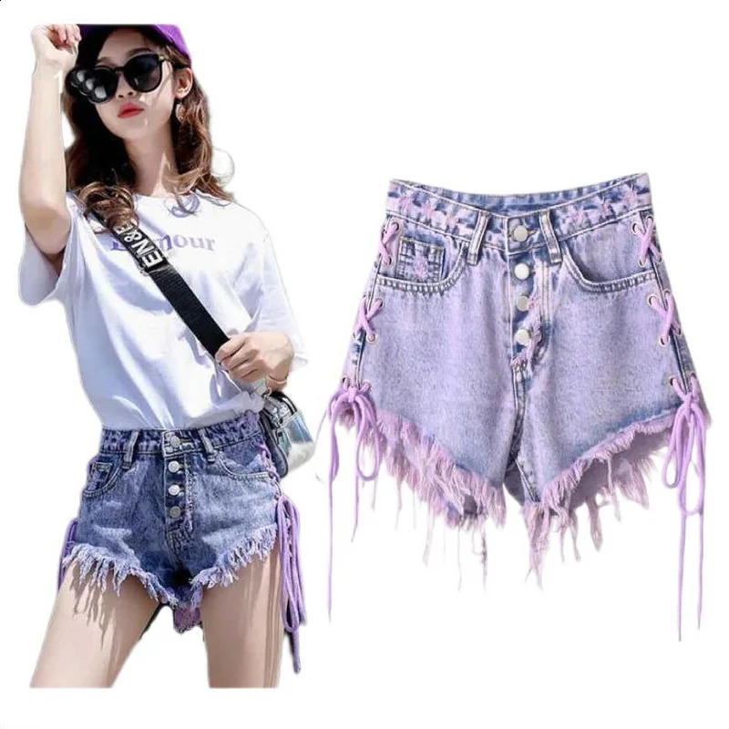 Purple Tassel Jean Shorts Lace-Up Denim Shorts Womens Summer High Waist Breasted Raw Edge A-Line Wide-Leg Pant 250118