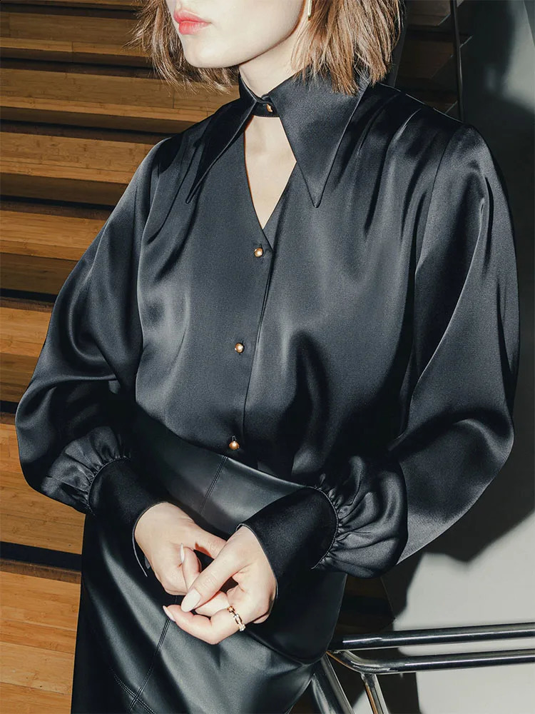 Ahagaga Womens Blouses Trend Sexy Culb Vneck Button Long Sleeve Shirts Elegant Blouse Solid Fashion Loose Tops Female 250110