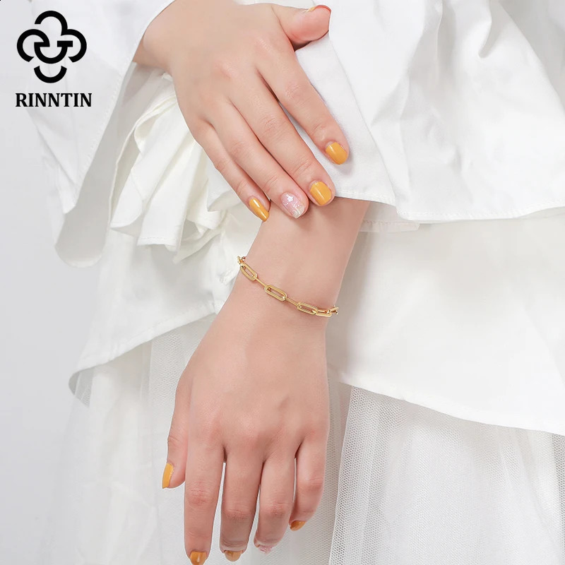 Rinntin 14K Gold Plated Genuine 925 Sterling Silver Paperclip Link Chain Bracelet for Women Men Hand Bracelet Jewelry SB109 250117