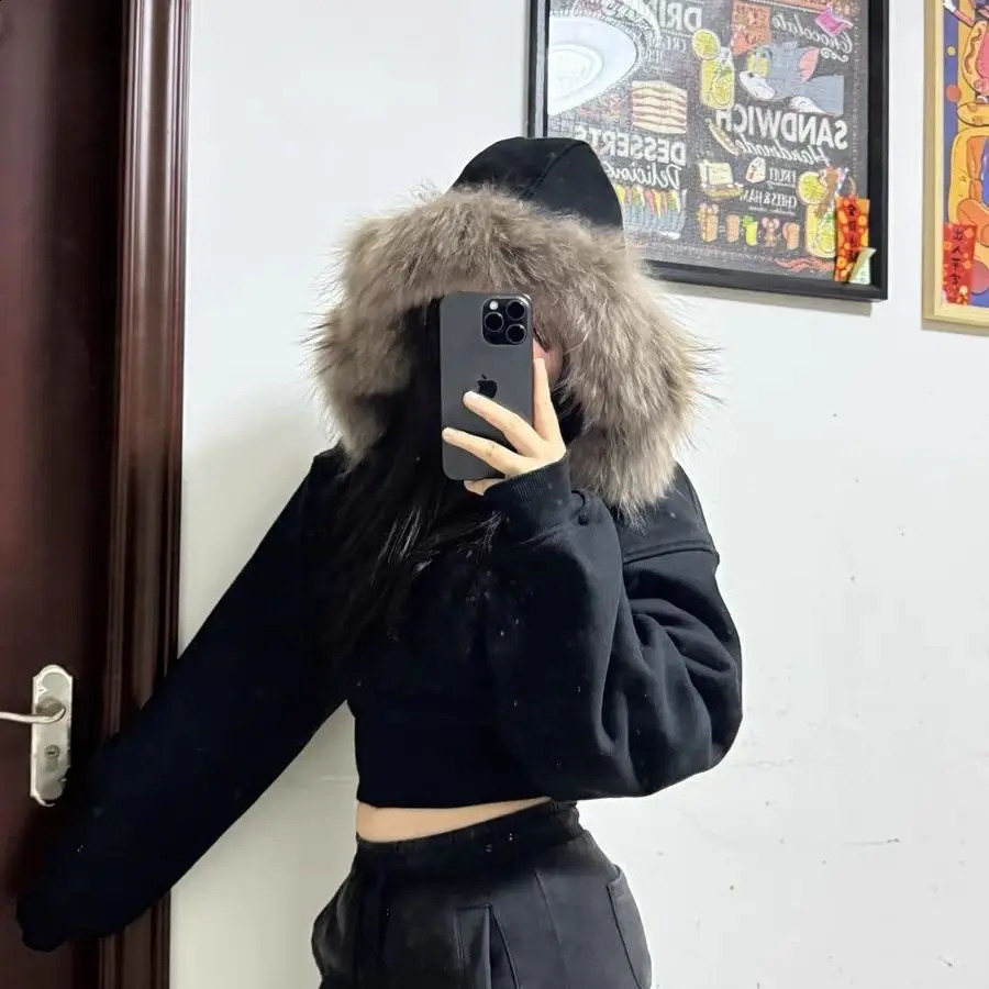 Black Fur Collar Zipper Hooded Sweatshirt Fashion High Street Trendy Zipper Hooded Sweatshirt Korean Style Zip Hooded Sweatshirt 250109