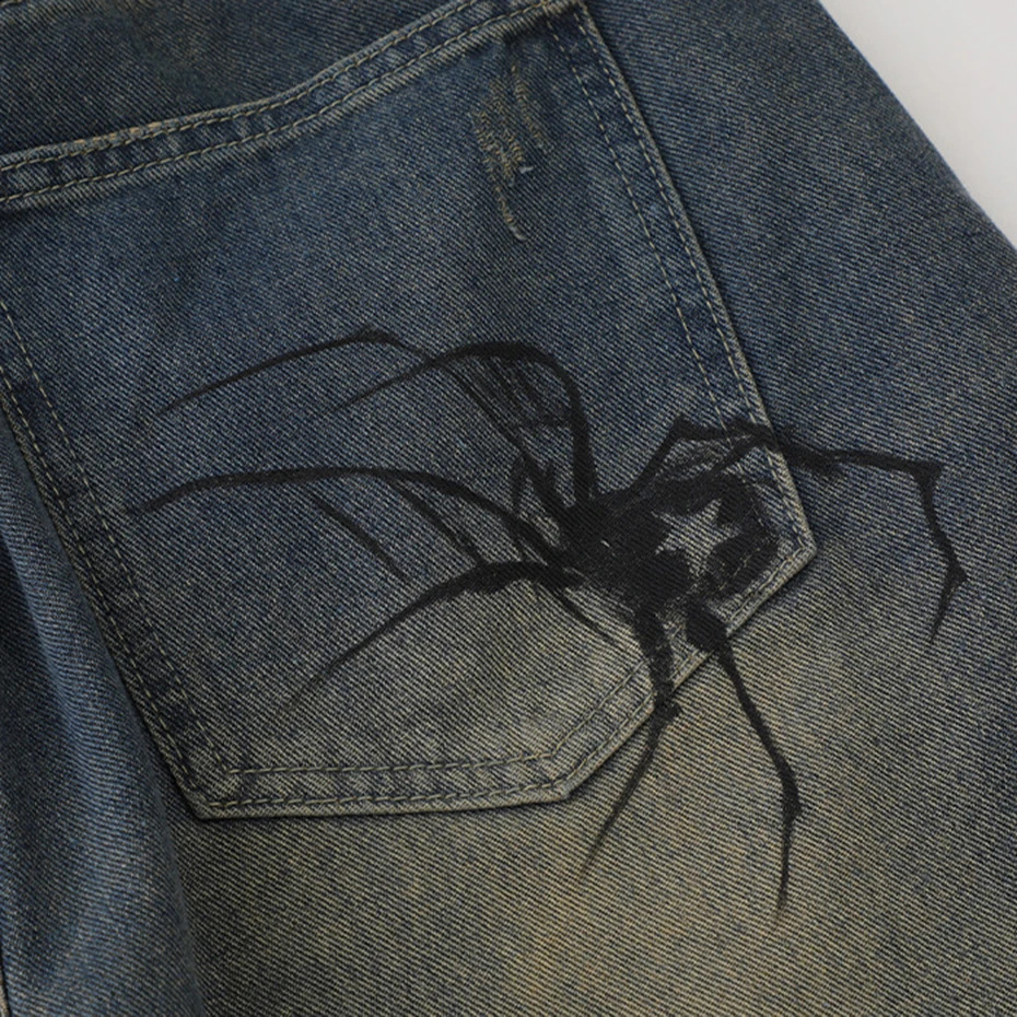 Y2K Blue Denim Shorts Spider Cobweb Printed Summer Loose Casual Jeans Fashion Harajuku Hip Hop Streetwear for Men 250120