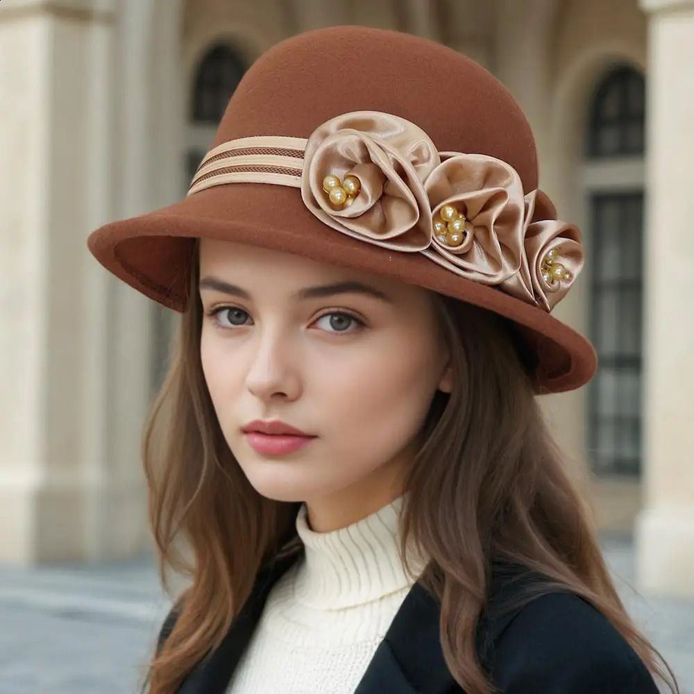 Autumn and winter woolen top hat womens British Hepburn style fisherman rose flower elegant fashionable versatile 250118