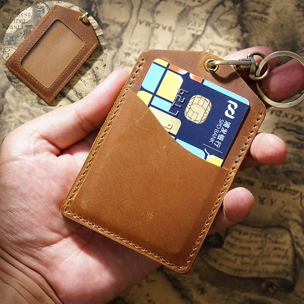 100% Genuine Leather Business Credit ID Card Holder with Key Ring Keychain Staff Work Card Holder Employees Card Case 250120