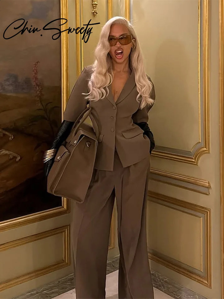 Vintage Blazer Pants Sets Women Urban Puff Half Sleeve Coat Pleated Wide Leg Trousers Spring Summer Office Lady Suit 250122