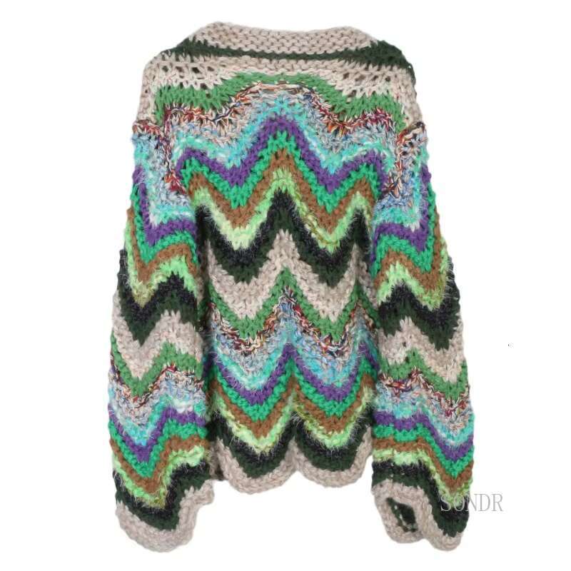 Wool Knitted Cardigan For Women, Hand Hook Striped Cardigan, Crew Neck, Long Sleeve Sweater, Fashion Coat, Autumn And Winter
