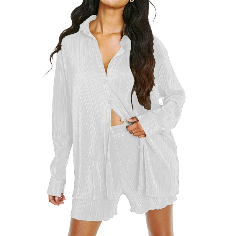 Pleated Shorts Set 2 Piece Outfits for Women 2000s Aesthetic Ruched Long Sleeve Button Down Shirt Tops and Shorts y2k Clothing 250113