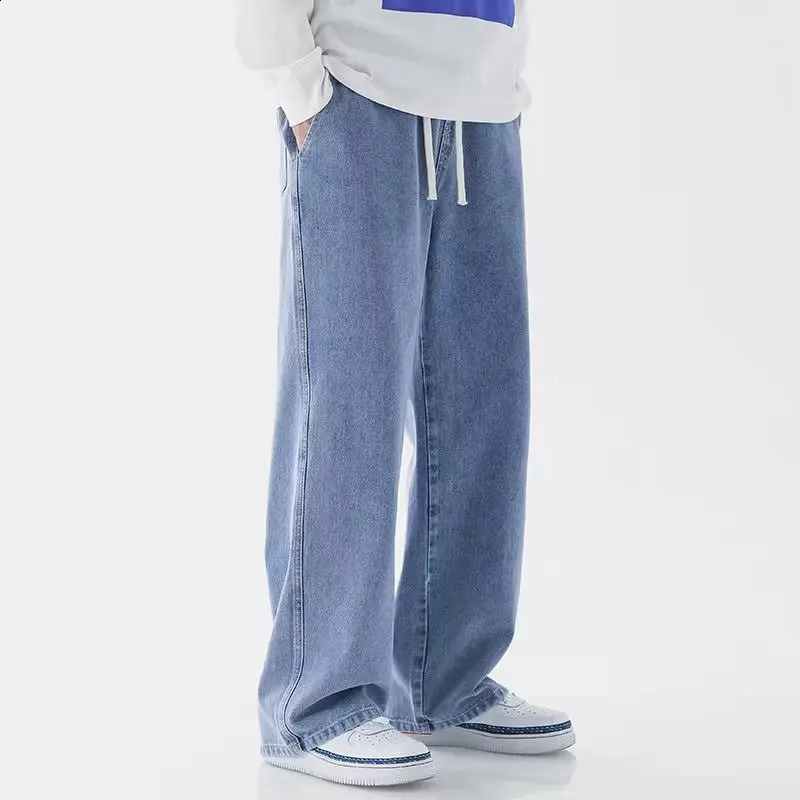 Mens Casual Wide Leg Drawstring Baggy Jeans Classic Man Solid Loose Straight Denim Pants Male Trousers Cargo 250121
