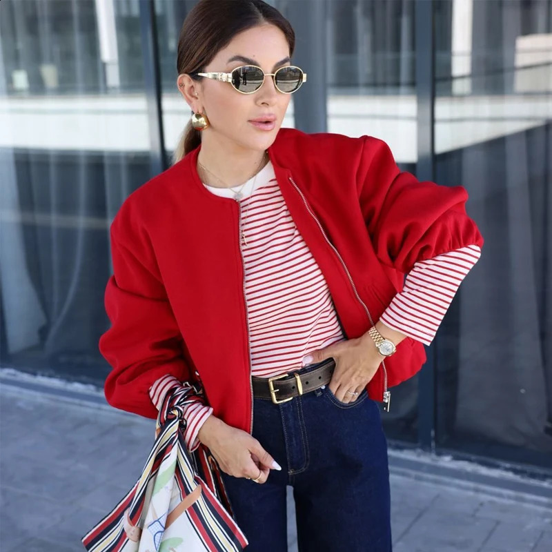 TRAF Red Zipper Bomber Jackets for Women Soft Cropped Jackets Woman 2024 Long Sleeve Womans Sports Jacket in Outerwears 250118