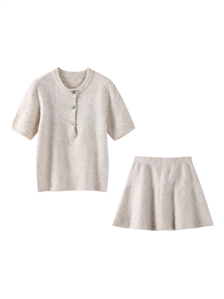 Cozy Knit Mini Skirts Set Women Sexy O-neck Shorts Sleeves Cardigan High Waist Pleated Skirt Autumn Solid Lady Suit 250116