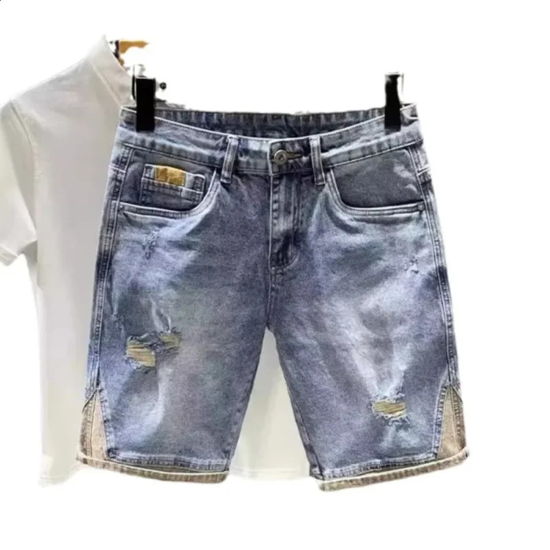 Trendy HighEnd Vintage Mens Denim Shorts Lightweight Summer Style Patchwork MidWaist Stretchy FivePiece Pants 250121