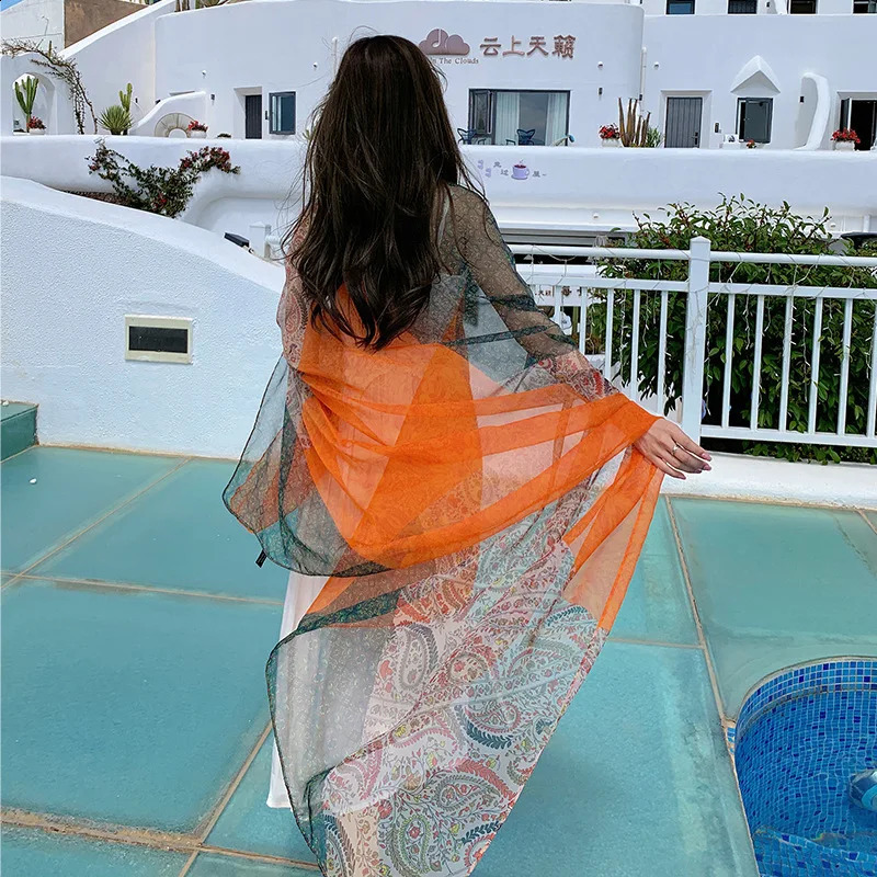 Thin Transparent Travel Beach Sunscreen Scarf for Women Bikini Large Shawl Sarong Wrap Brazilian Swimsuit Cover-ups 125x180cm 250120