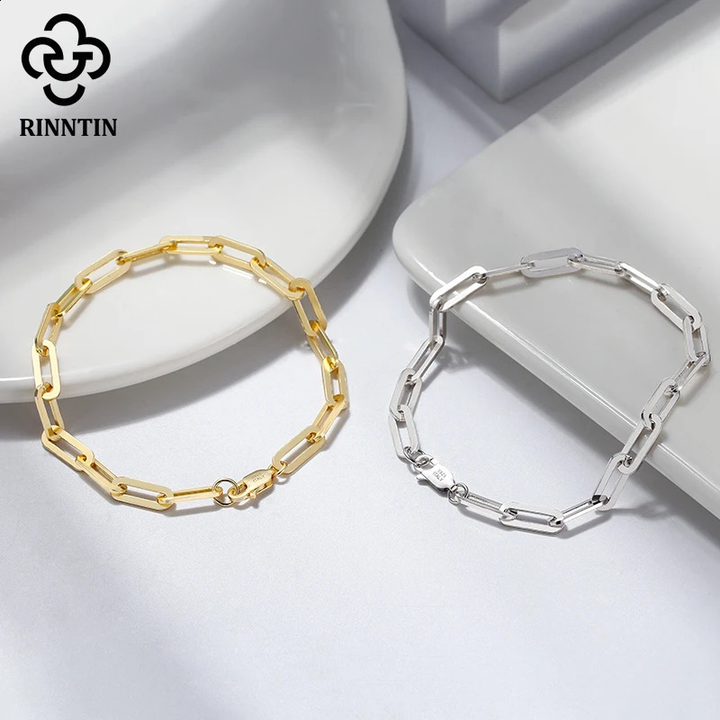 Rinntin 14K Gold Plated Genuine 925 Sterling Silver Paperclip Link Chain Bracelet for Women Men Hand Bracelet Jewelry SB109 250117