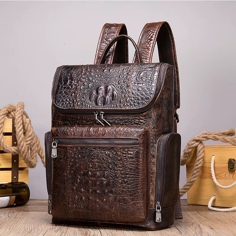 2023 New Fashion Crocodile Leather Men's Bagpack Casual Fashionable Cowhide Travel Backpack For Man Real Cow Skin