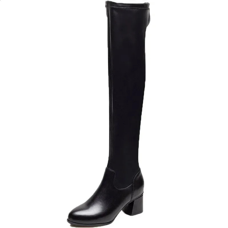 Women Leather Elastic Boots Ladies Plush Long Boot Autumn Winter Thick Heels Over The Knee Slip on Black Knight Botas 250117