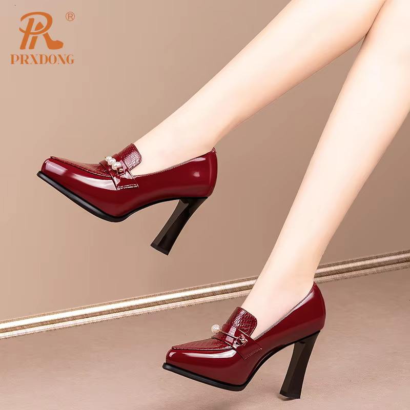 PRXDONG New Fashion Genuine Leather Shoes High Heels Platform Black Red Green Spring Summer Dress Party Office Lady Pumps 34-39