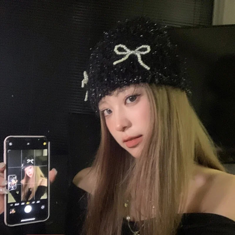 Sweet Pearl Bow Knitted Bean Hat Y2K Autumn/Winter Travel Versatile Warm and Personalized Womens Pullup Hat 250109