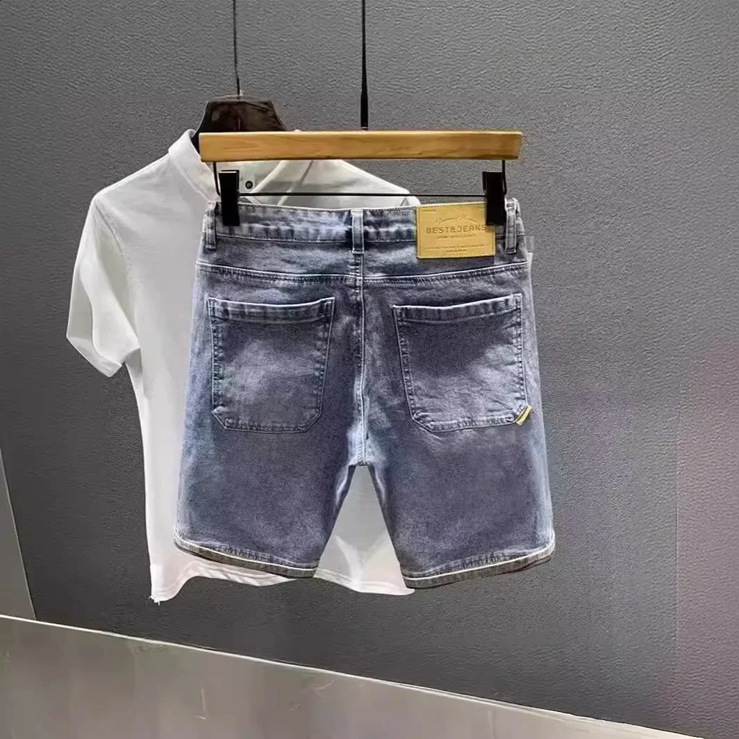 Trendy HighEnd Vintage Mens Denim Shorts Lightweight Summer Style Patchwork MidWaist Stretchy FivePiece Pants 250121