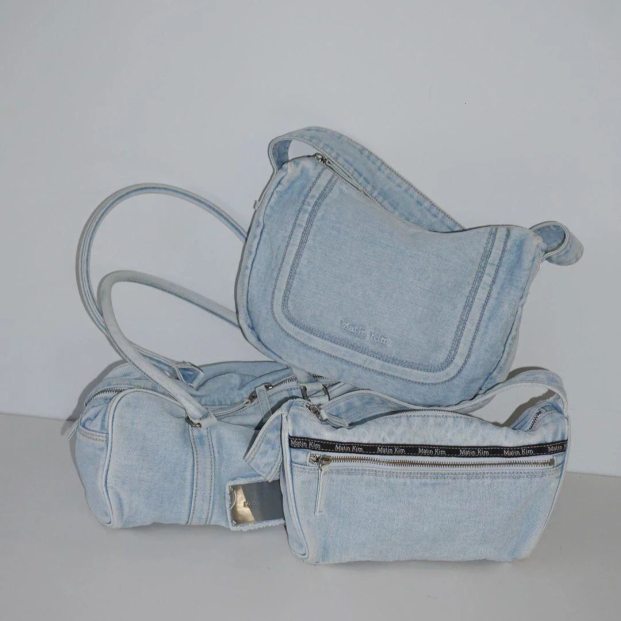 Korean niche matinkim large capacity denim shoulder autumn and winter lazy hand-held travel fitness tote bag