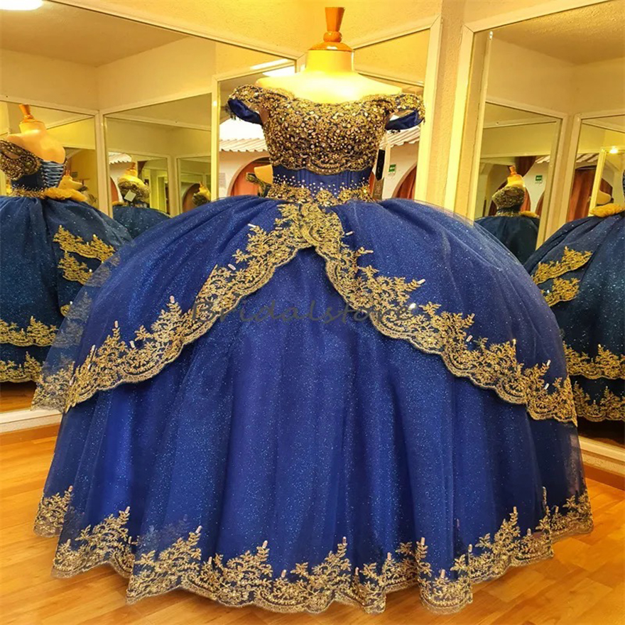 Sixteen Blue Quinceanera Dresses With Gold Appliques Off Shoulders Ball Gown Fifteen Birthday Party Dress Lace Up Cinderalle Vestidos Debutantes Masqu