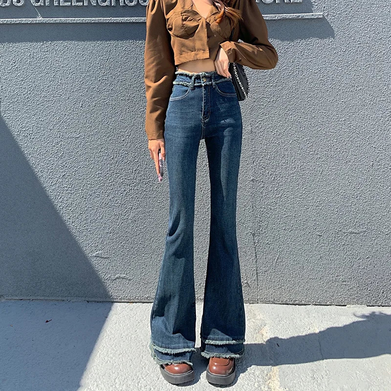 American High Street Retro Micro-flared Jeans for Women with Tassels Raw Edges Slim Stretchy Floor-length Tight Horseshoe Pants 250118