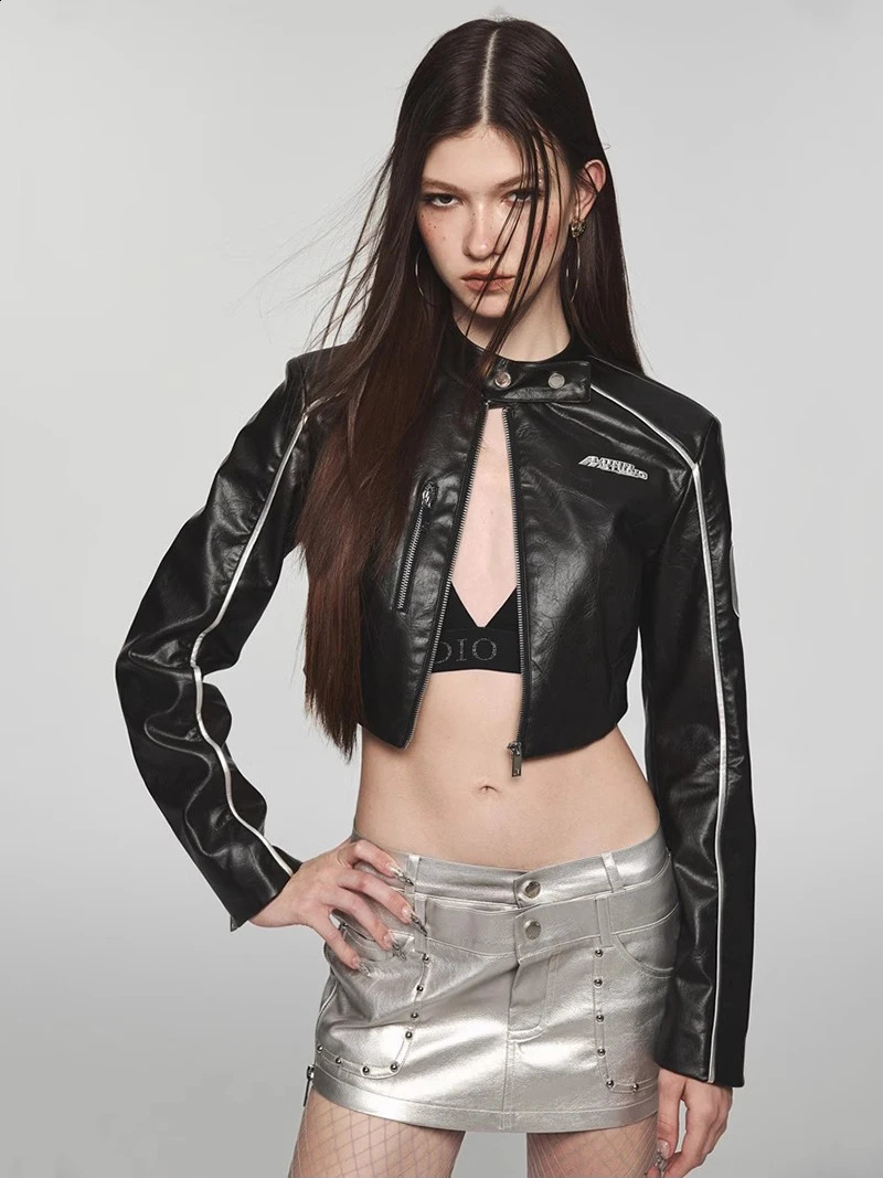 REDDACHiC Leather Bomber Jacket Womens Cropped Coat Patchwork Vintage Y2k Windbreaker Casual Autumn Long Sleeves Statue Outer 250118