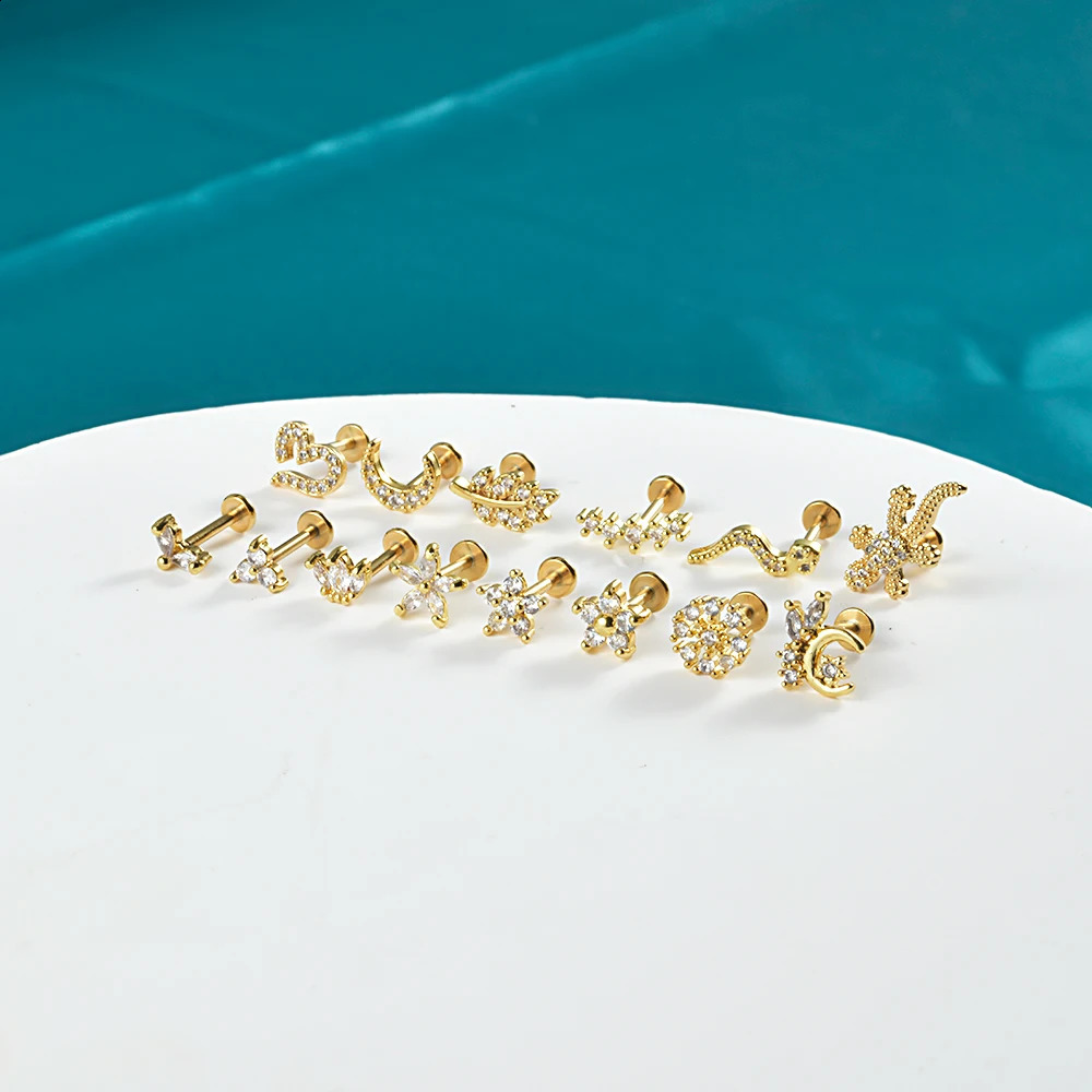 1pc 316L Steel Gold Plated CZ Ear Stud Tragus Cartilage Helix Conch Lobe Piercing Labret Lip Ring Jewelry 250110