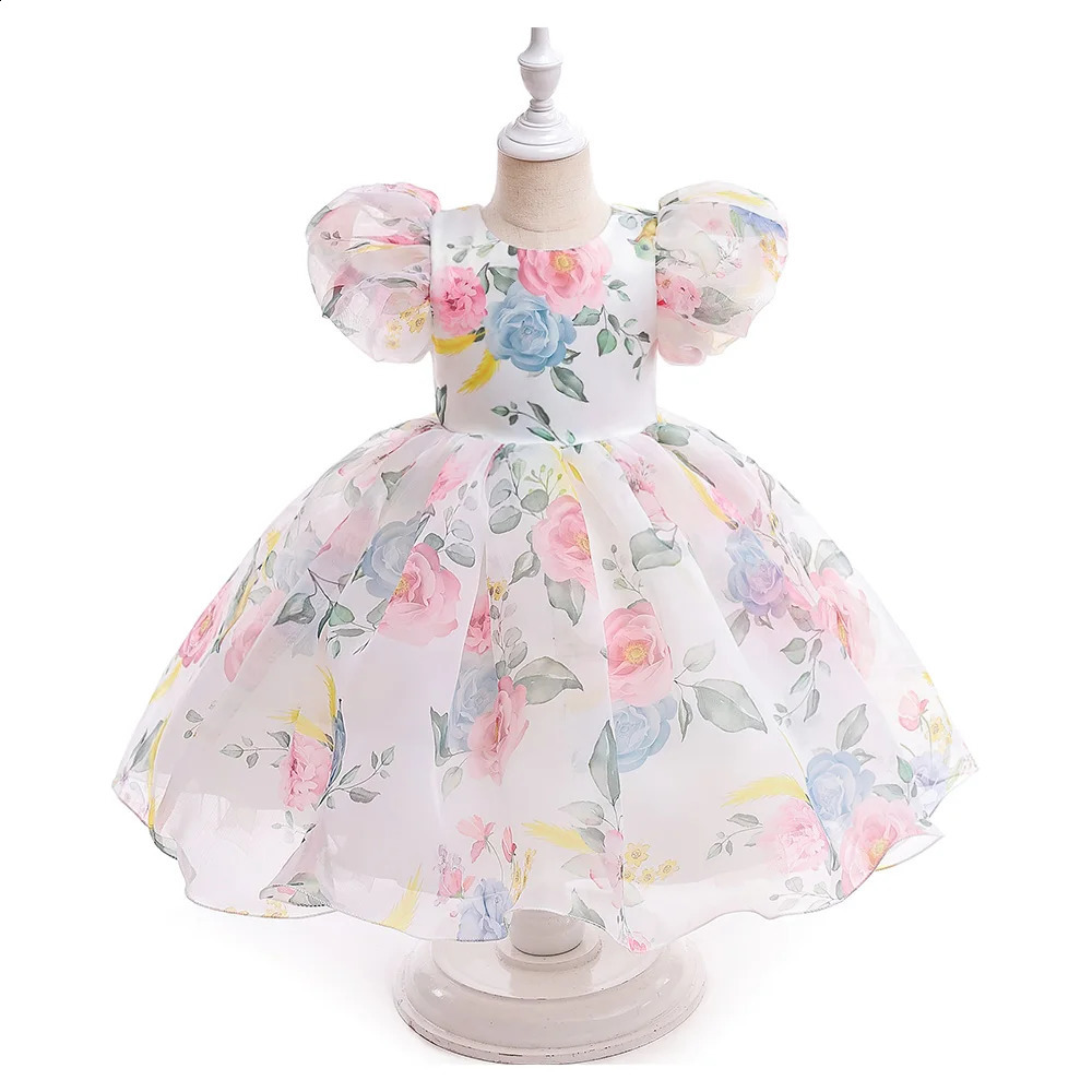 Fashion Girl White Princess Dress Tulle Puff Sleeve Wedding Party Kids Dresses for Girls Birthday Child Clothes Bridesmaid Gown 250117