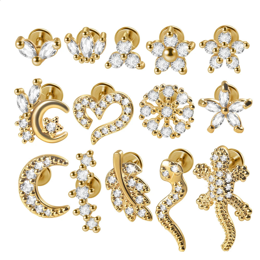 1pc 316L Steel Gold Plated CZ Ear Stud Tragus Cartilage Helix Conch Lobe Piercing Labret Lip Ring Jewelry 250110