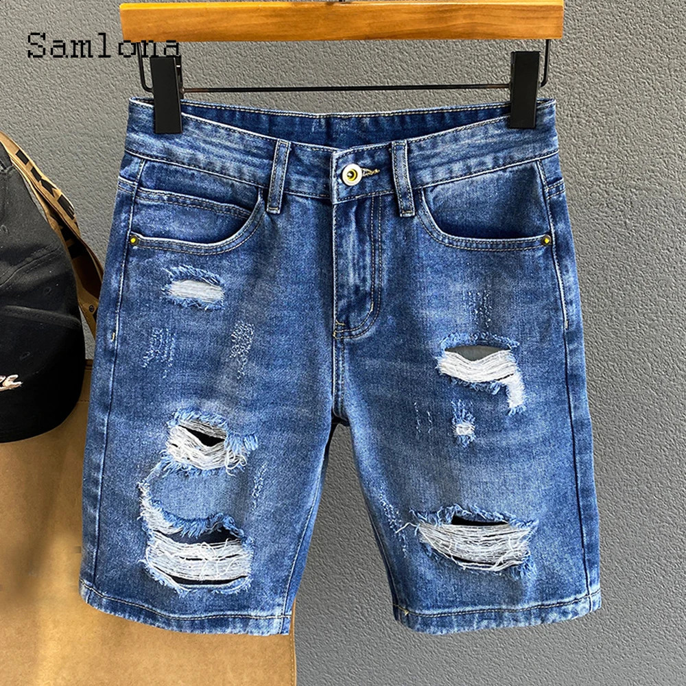 Samlona Plus Size Men Fashion Bottom Mid Waist Crimping Denim Shorts Loose Vintage Hole Ripped Short Jeans Male Summer pants 250121