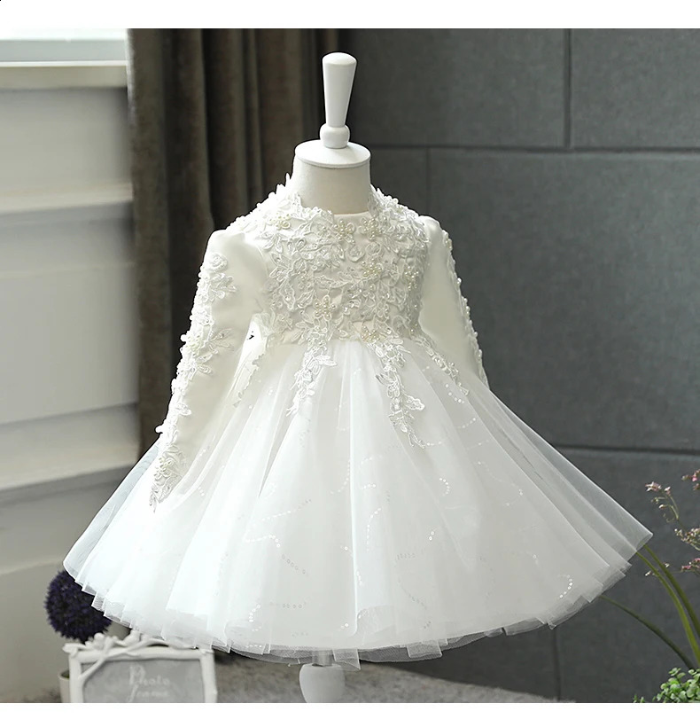 Baby Girl Wedding Dress Long Sleeve born Girls Christmas Princess Gowns Beads Lace Infant Kids 1 Year Birthday Baptism Dress 250115