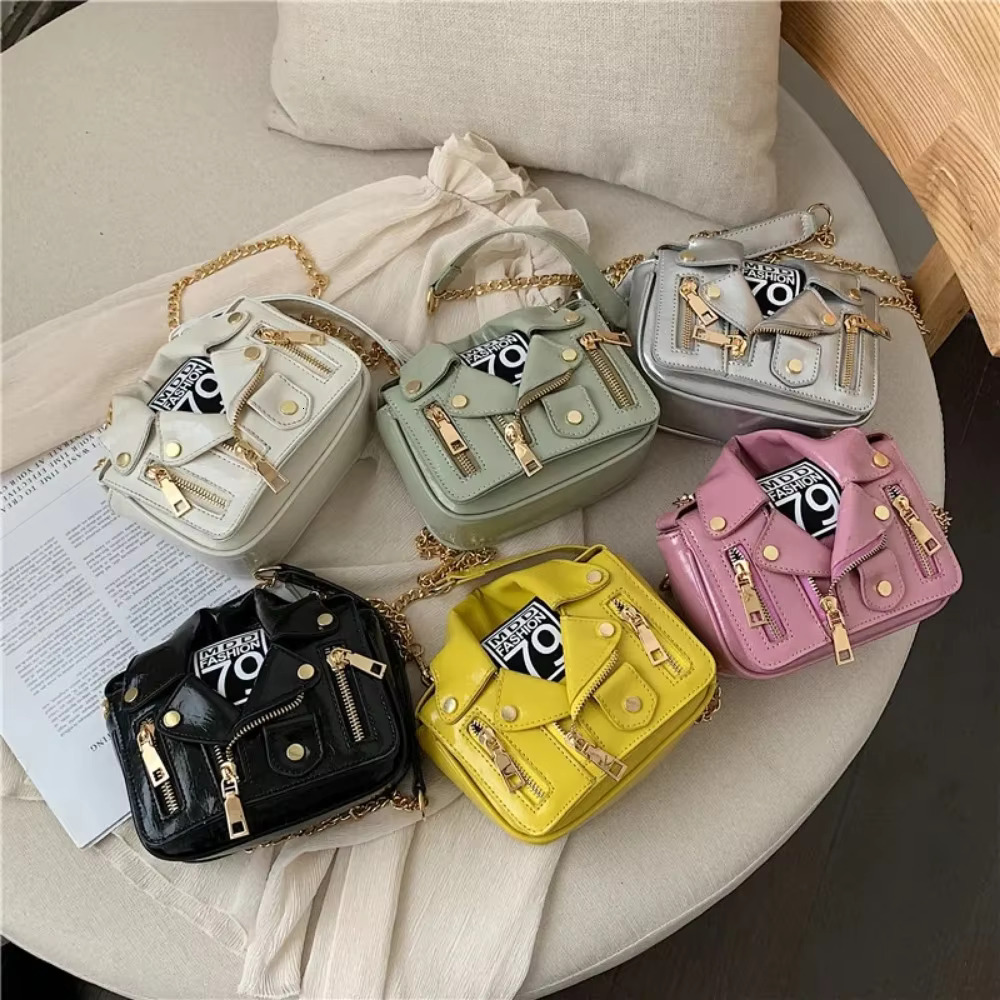 European Brand Design Chain Motorcycle Bags Clothing Shoulder Rivet Zipper Jacket Messenger Bag Women Leather Handbags